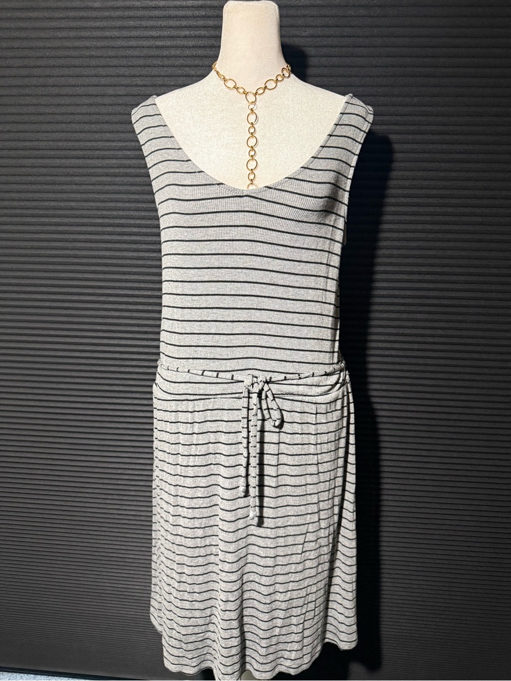Sleeveless Gray Striped Drawstring Waist Dress